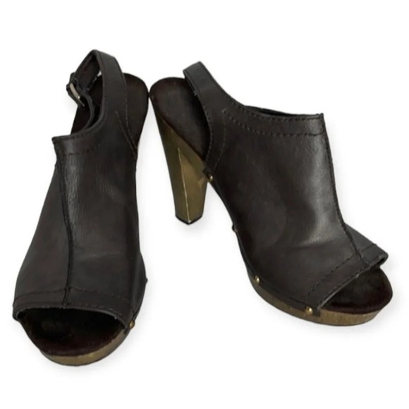 FIONI Slingback Platform Heels Brown Boho Vegan Leather Studded Peep Toe 8.5 - Picture 2 of 12